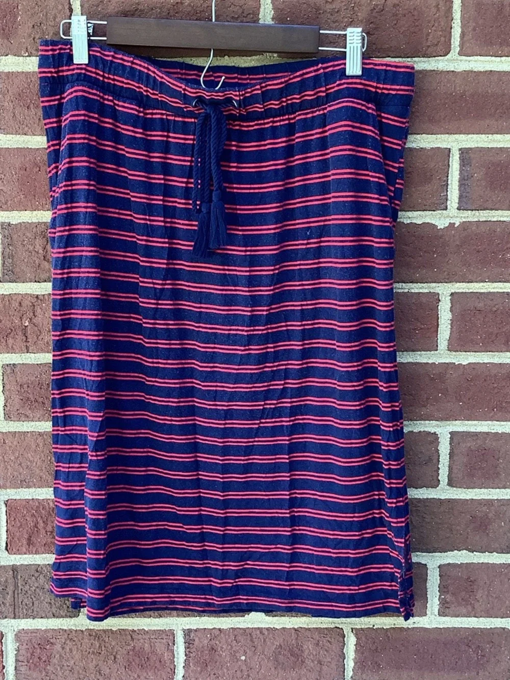EUC St. John’s Bay Navy Red Midi Skirt Side Slits L